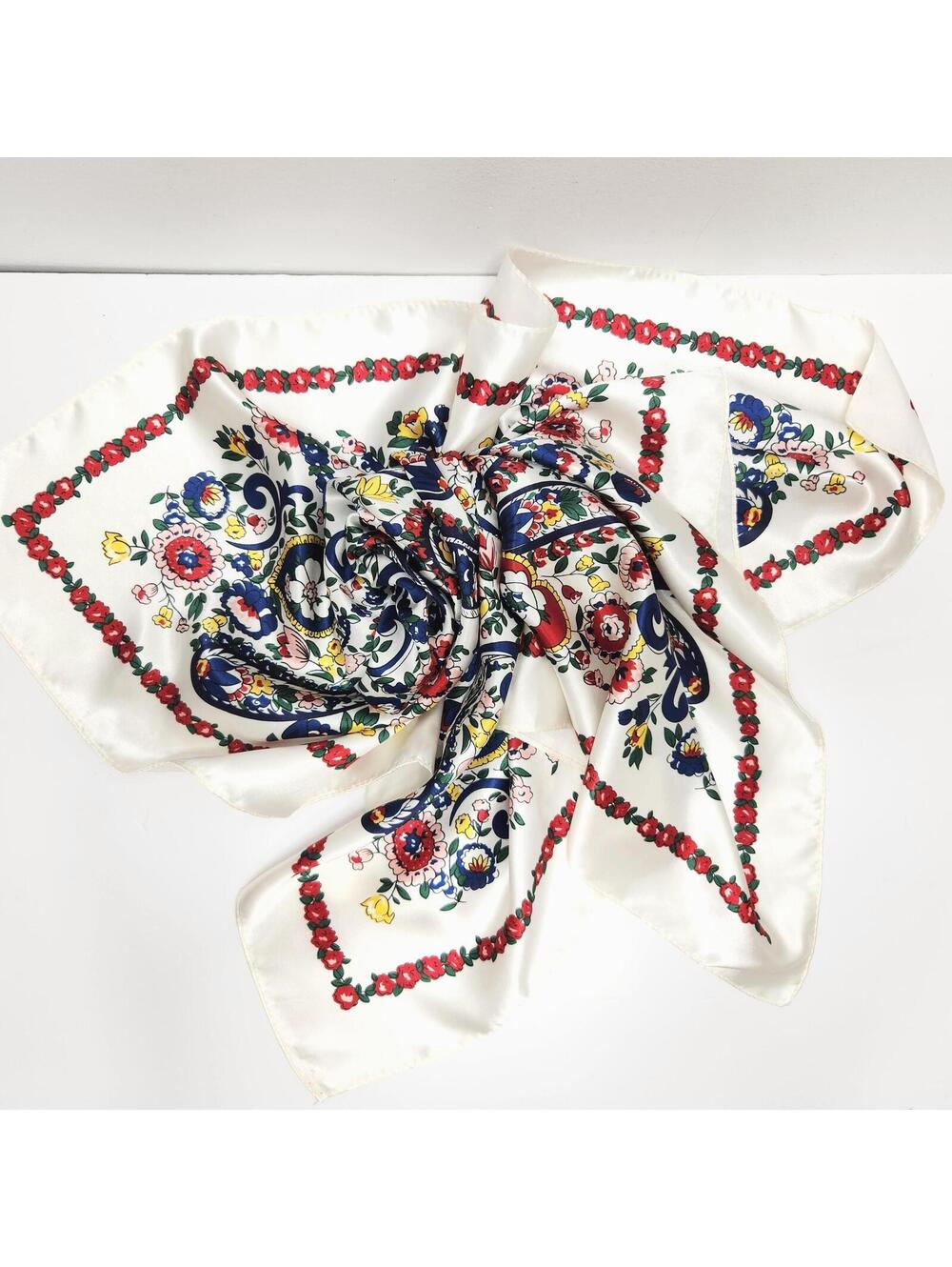 Vtg Satin Scarf Square Paisley Floral Print Retro Pattern Silk Bandanna 35"
